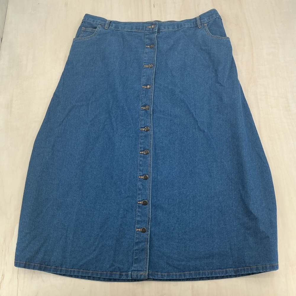 Woman Within Button Front A-Line Midi 90s Denim Skirt Wms 22W Blue Cottagecore - Picture 2 of 10